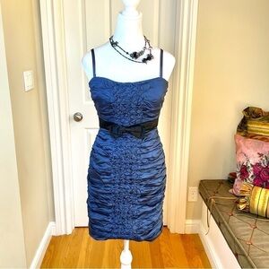 BCBGMAXAZRIA Dress Cocktail Blue & Silver Metallic Beaded & Black Bow Retro (6)